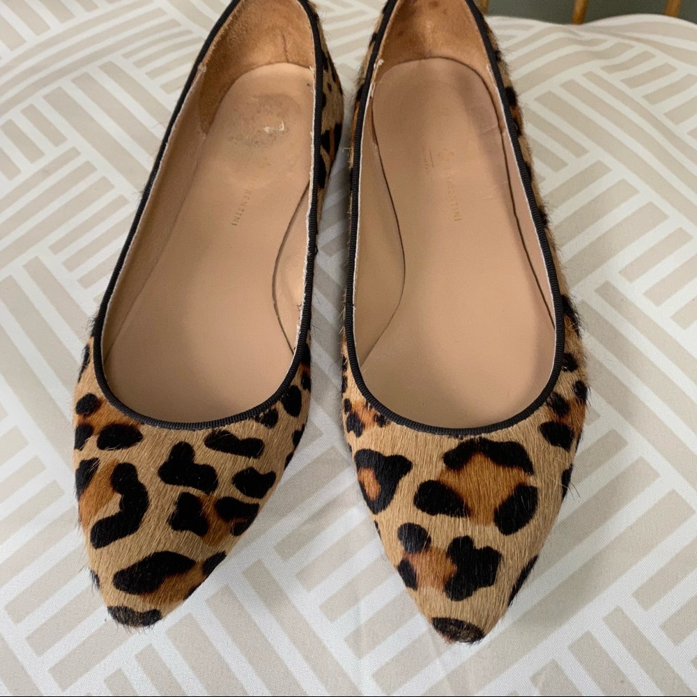 Mercanti Fiorentini Leopard Print Pony Hair Pointed Toe Ballet Flat Shoe.